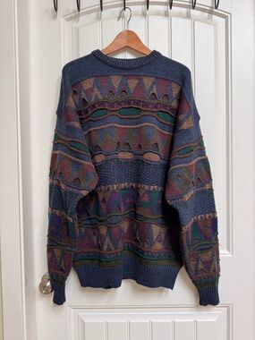 1990’s Tosani Burgundy Purple Blue Green 3D Acrylic Wool Blend Sweater. 2XLT